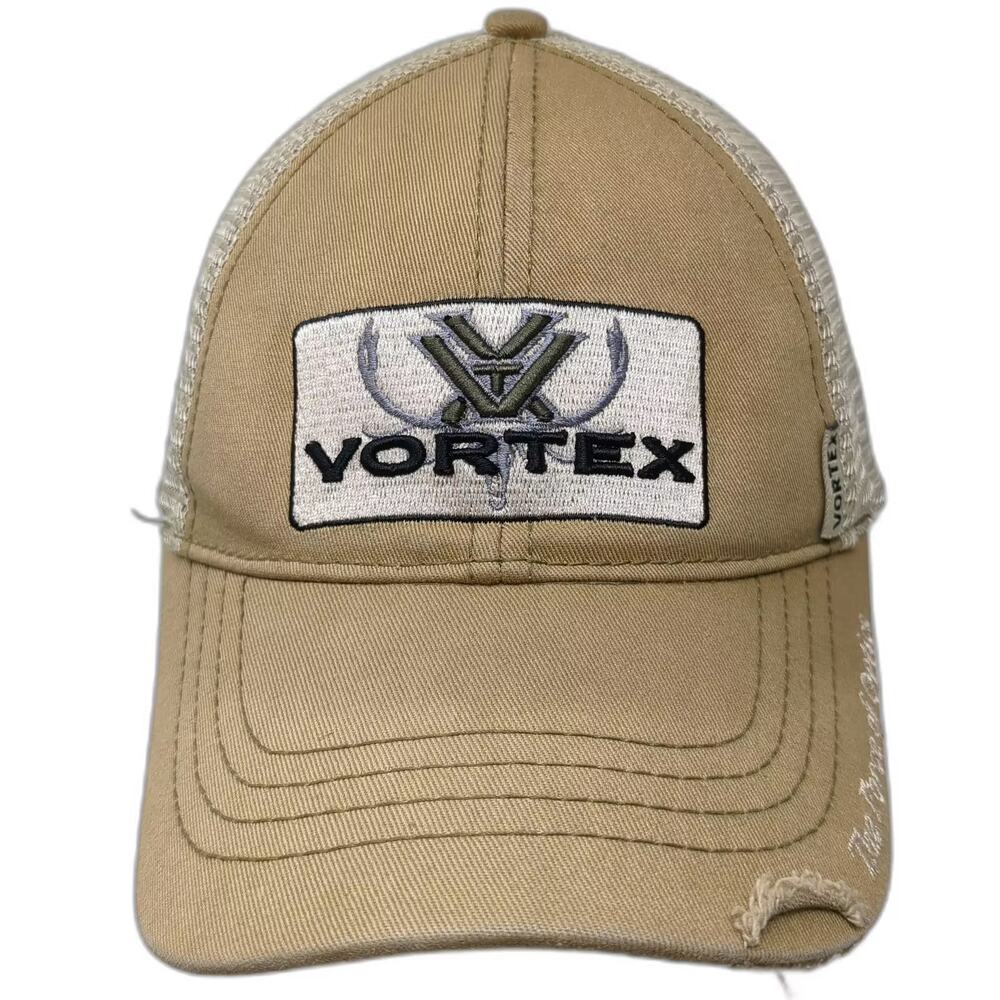 Vortex Trucker Hat Beige White One Size Distressed Force of Optics Snapback
